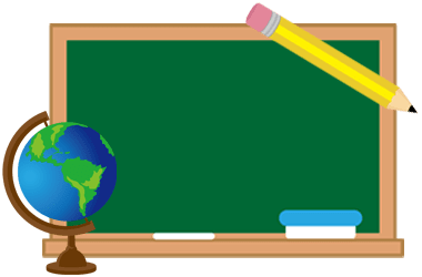 Image of blackboard with a globe in lower left corner, and a pencil in upper right