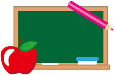 Image of blackboard with an apple in lower left corner, and a colored pencil in upper right